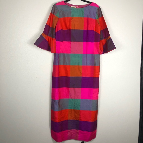 Vintage Dresses & Skirts - Vintage Malia Silk plaid dress neon half bell sleeve rainbow colorful 60s 70s